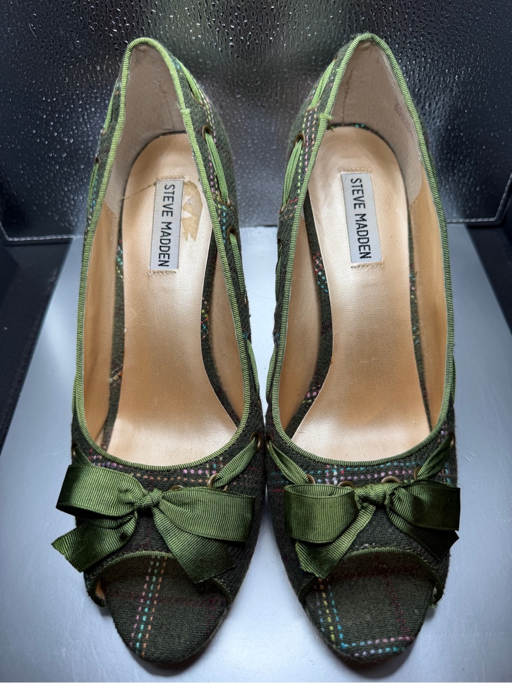 Steve Madden Olive Green Bow Peep-Toe Heels